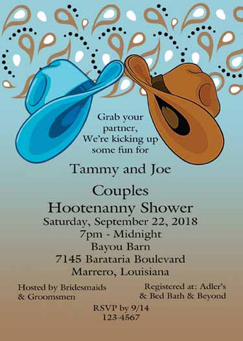 COUPLES COWBOY HATS CUSTOM INVITATION