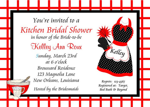 RED AND BLACK APRON AND KITCHEN SHOWER CUSTOM INVITATION