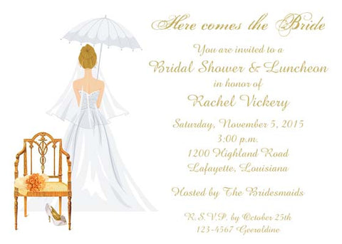 CHAIR WITH BRIDE'S SHOES AND BOUQUET CUSTOM INVITATION